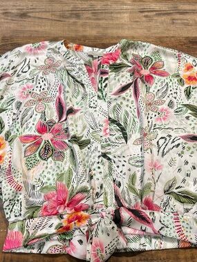 Chenault Pink & Green Tropical Print Blouse